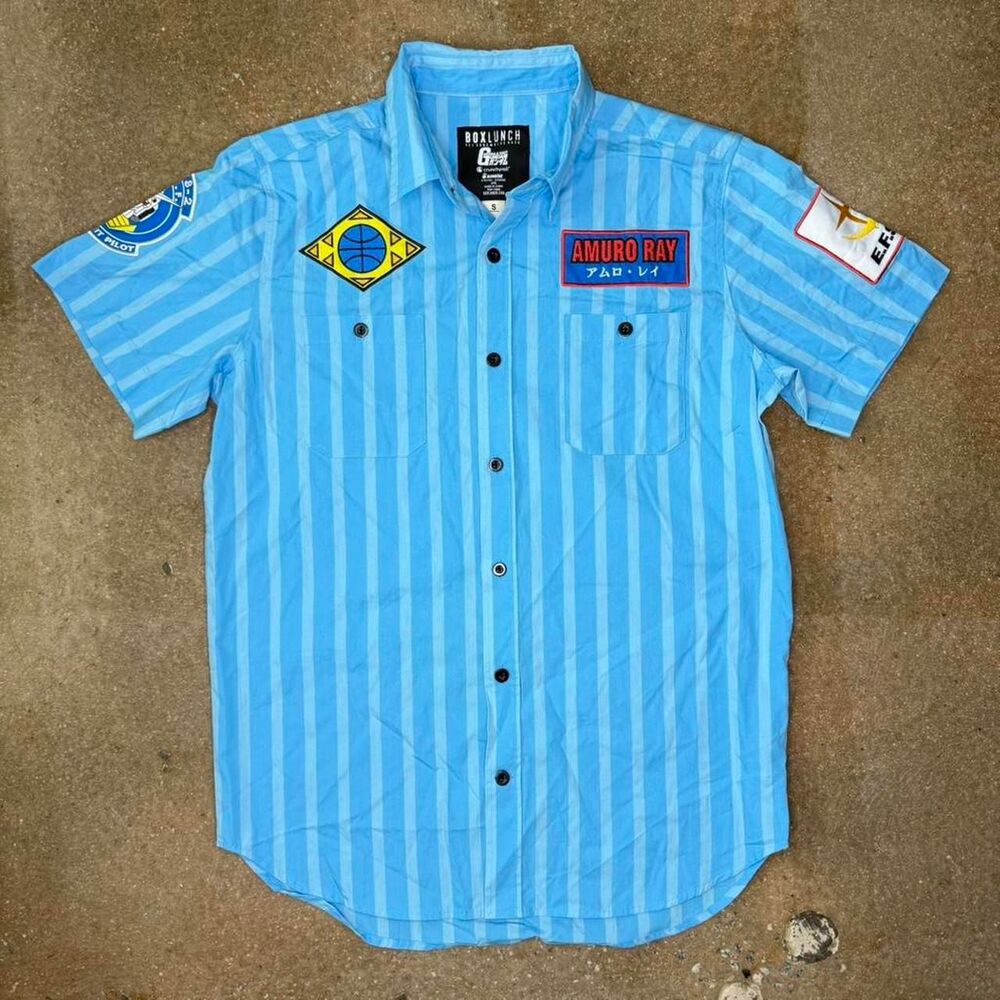 Light blue striped BoxLunch button-up featuring Gundam patches